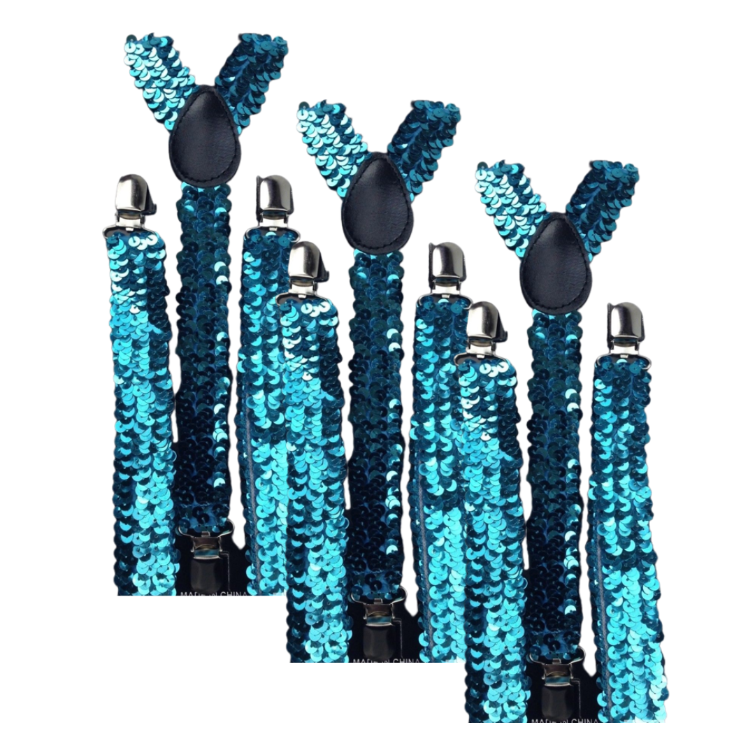3x Mens Suspenders Braces Adjustable Strong Clip On Elastic Formal Wedding Slim - Blue (Sequin) Main image