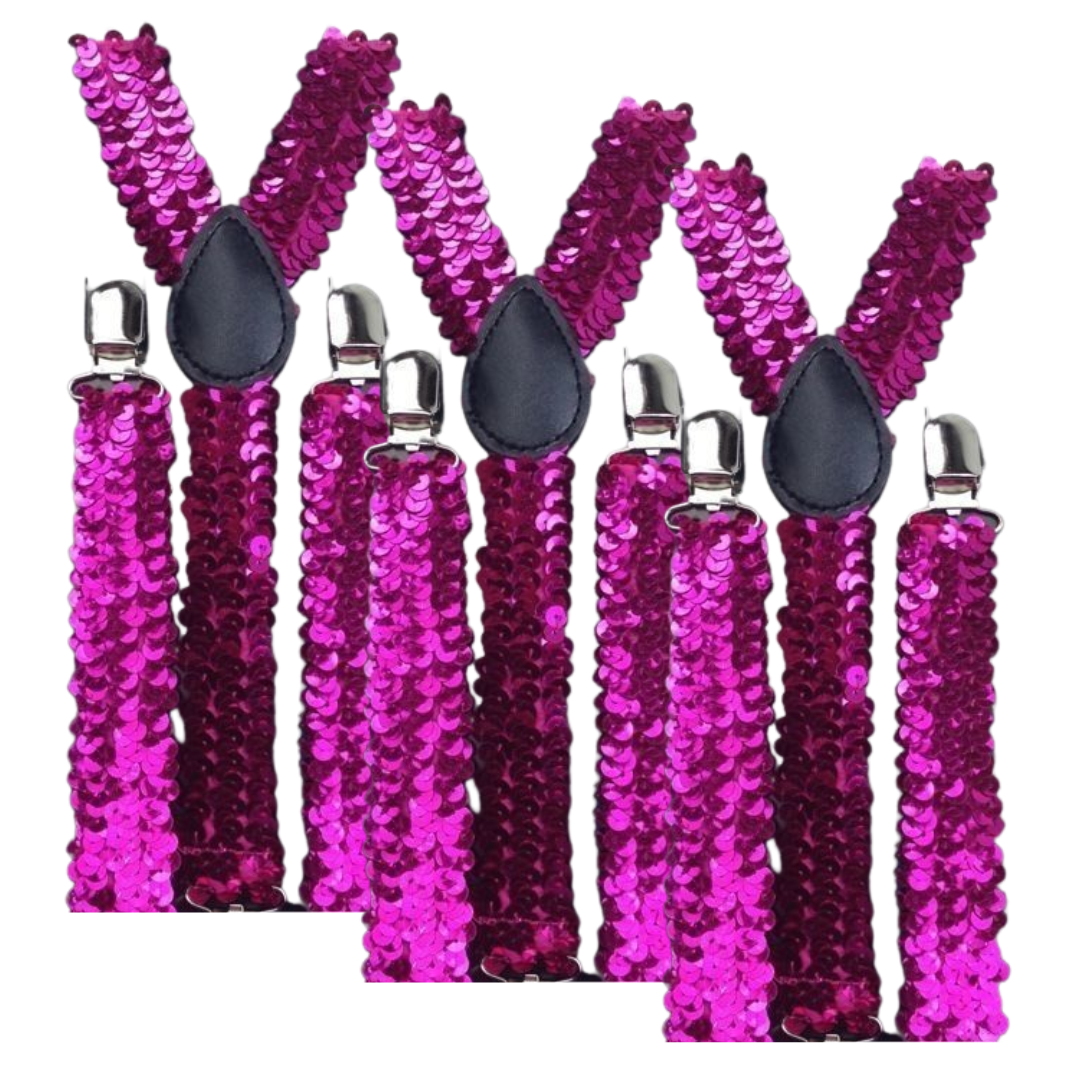 3x Mens Suspenders Braces Adjustable Strong Clip On Elastic Formal Wedding Slim - Hot Pink (Sequin) Secondary image