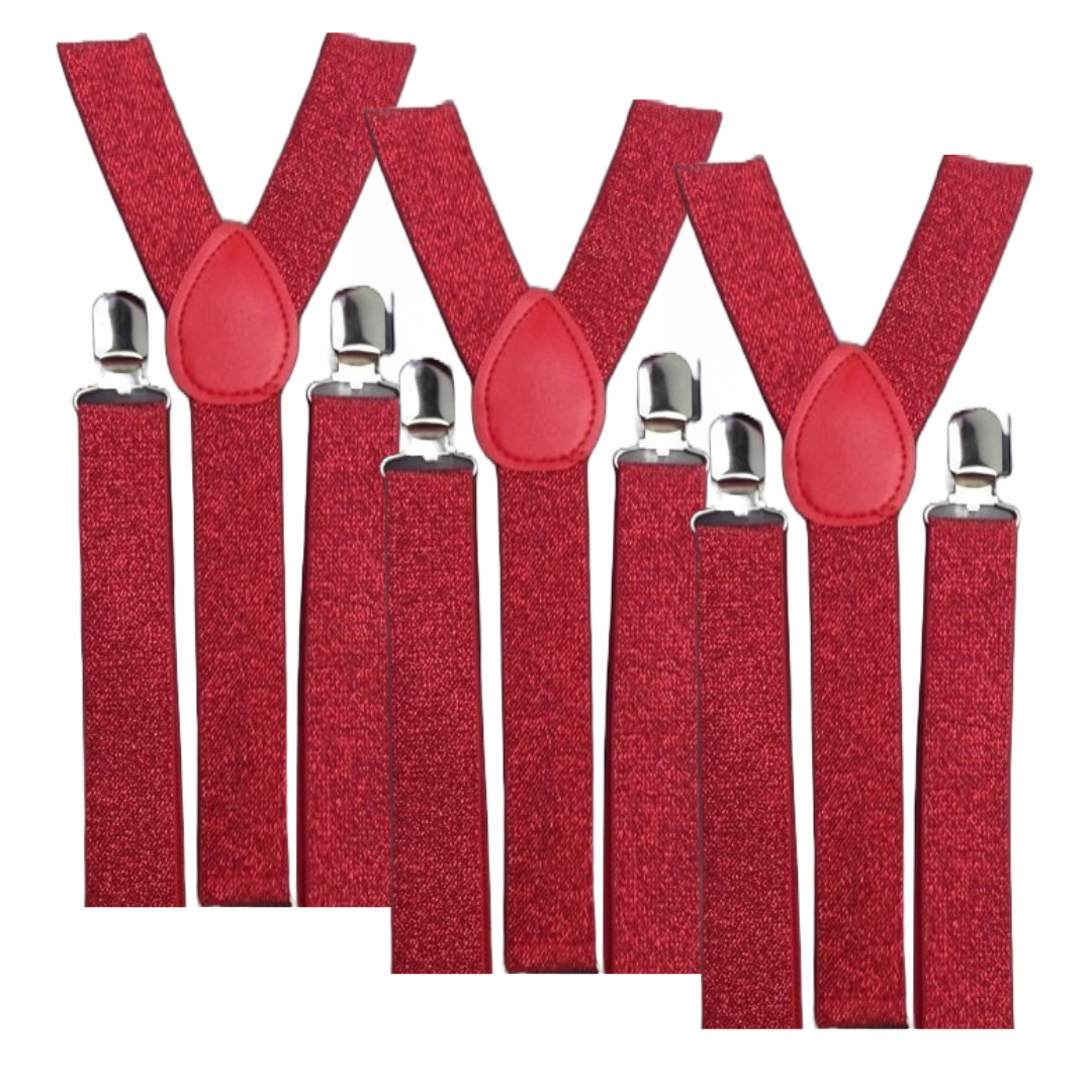 3x Mens Suspenders Braces Adjustable Strong Clip On Elastic Formal Wedding Slim - Red (Glitter) Secondary image
