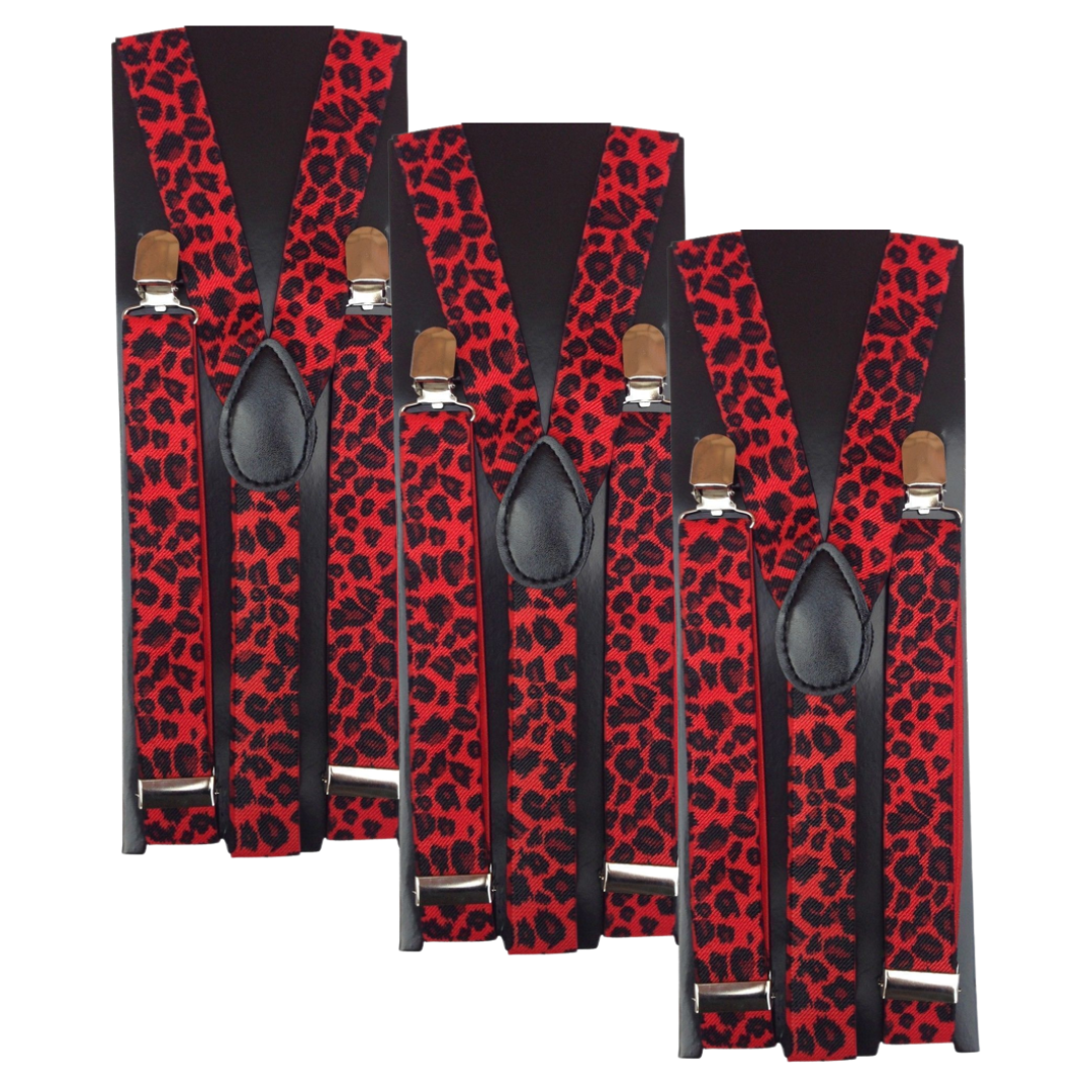 3x Mens Suspenders Braces Adjustable Strong Clip On Elastic Formal Wedding Slim - Red Leopard Main image