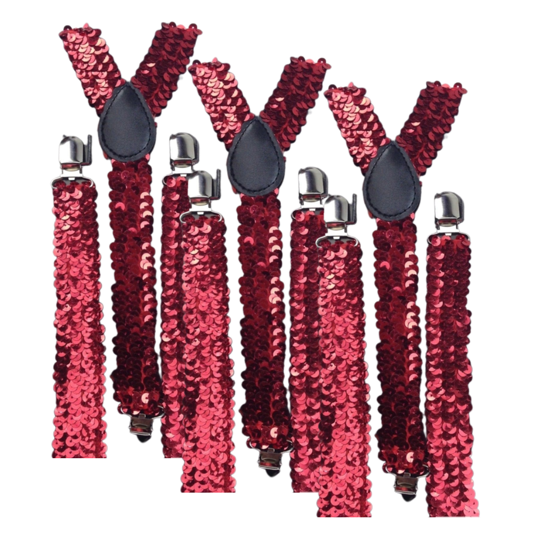 3x Mens Suspenders Braces Adjustable Strong Clip On Elastic Formal Wedding Slim - Red (Sequin) Main image