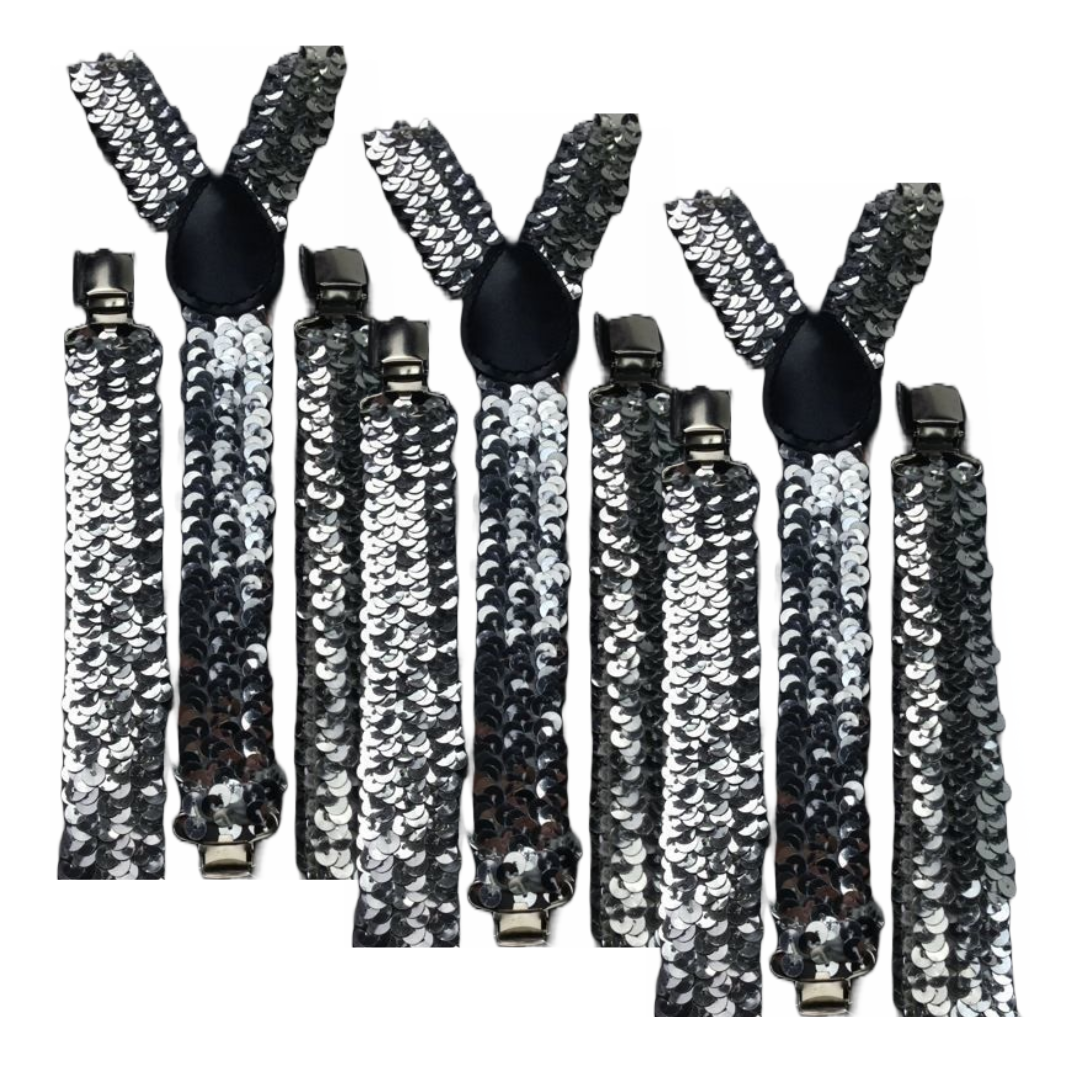 3x Mens Suspenders Braces Adjustable Strong Clip On Elastic Formal Wedding Slim - Silver (Sequin) Secondary image
