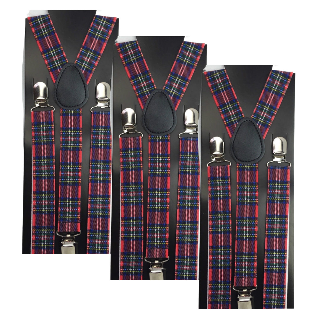 3x Mens Suspenders Braces Adjustable Strong Clip On Elastic Formal Wedding Slim - Tartan 2 Secondary image