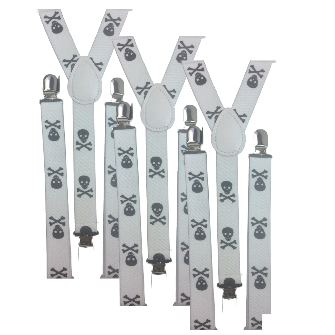 3x Mens Suspenders Braces Adjustable Strong Clip On Elastic Formal Wedding Slim - White with Black Skulls Secondary image