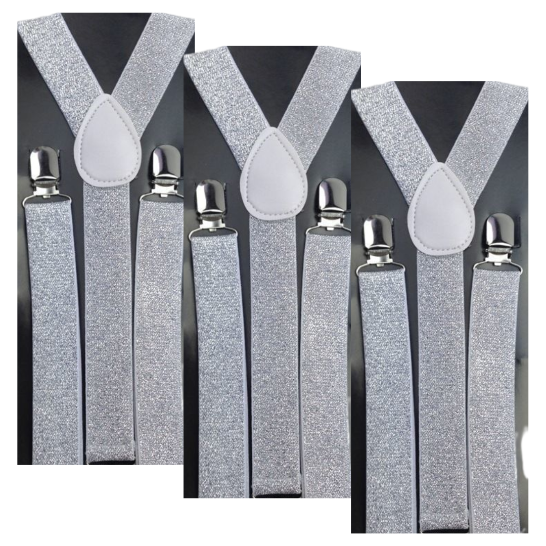 3x Mens Suspenders Braces Adjustable Strong Clip On Elastic Formal Wedding Slim - White (Glitter) Secondary image