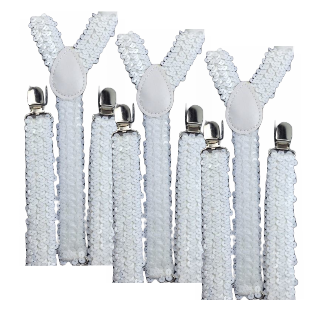 3x Mens Suspenders Braces Adjustable Strong Clip On Elastic Formal Wedding Slim - White (Sequin) Main image
