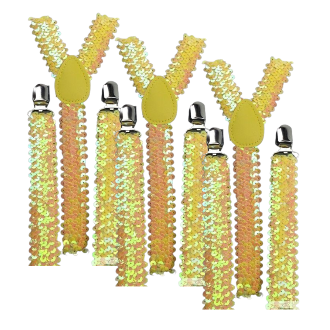 3x Mens Suspenders Braces Adjustable Strong Clip On Elastic Formal Wedding Slim - Yellow (Sequin) Secondary image