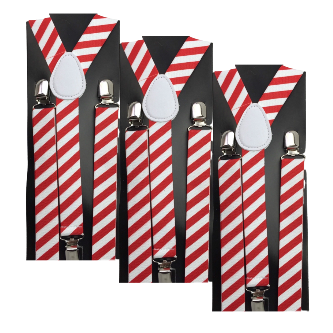 3x Mens Suspenders Braces Adjustable Strong Clip On Elastic Formal Wedding Slim - Red/White Diagonal Stripes Main image