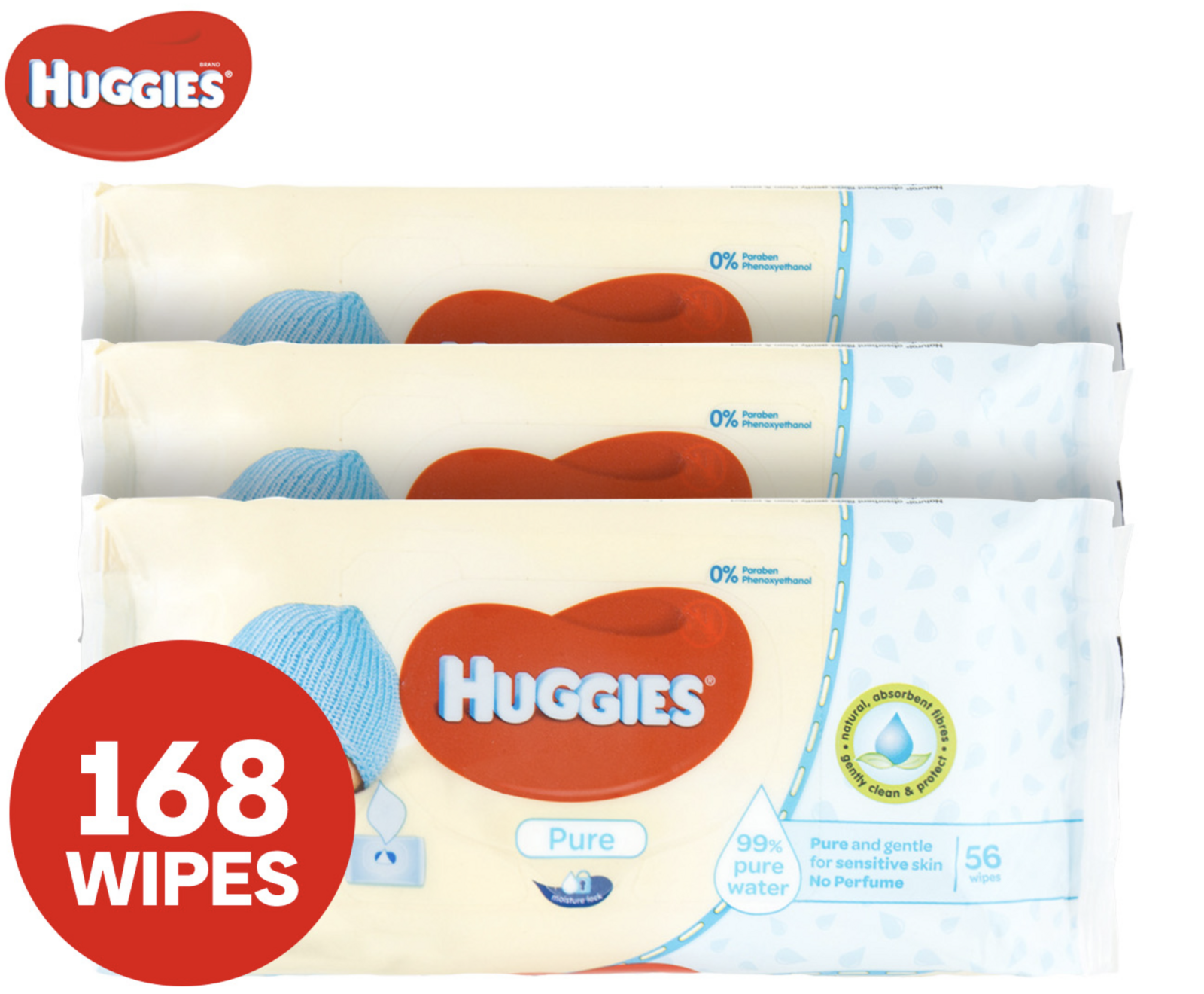 3x Huggies Pk56 Baby Wipes Pure Unscented Sticky Top Main image
