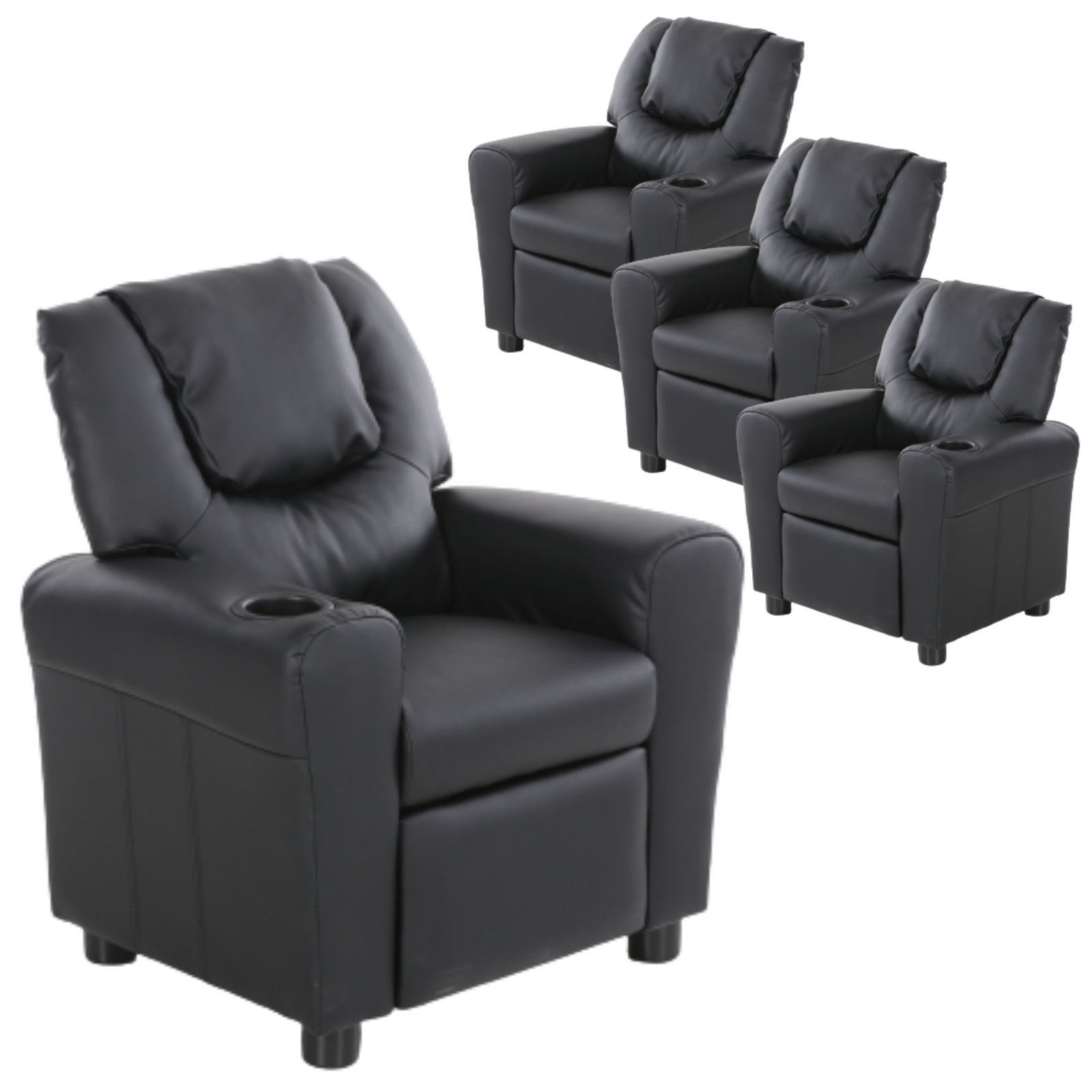 Set of 4 Oliver Kids Recliner Chair Sofa Children Lounge Couch PU Armchair Black Main image