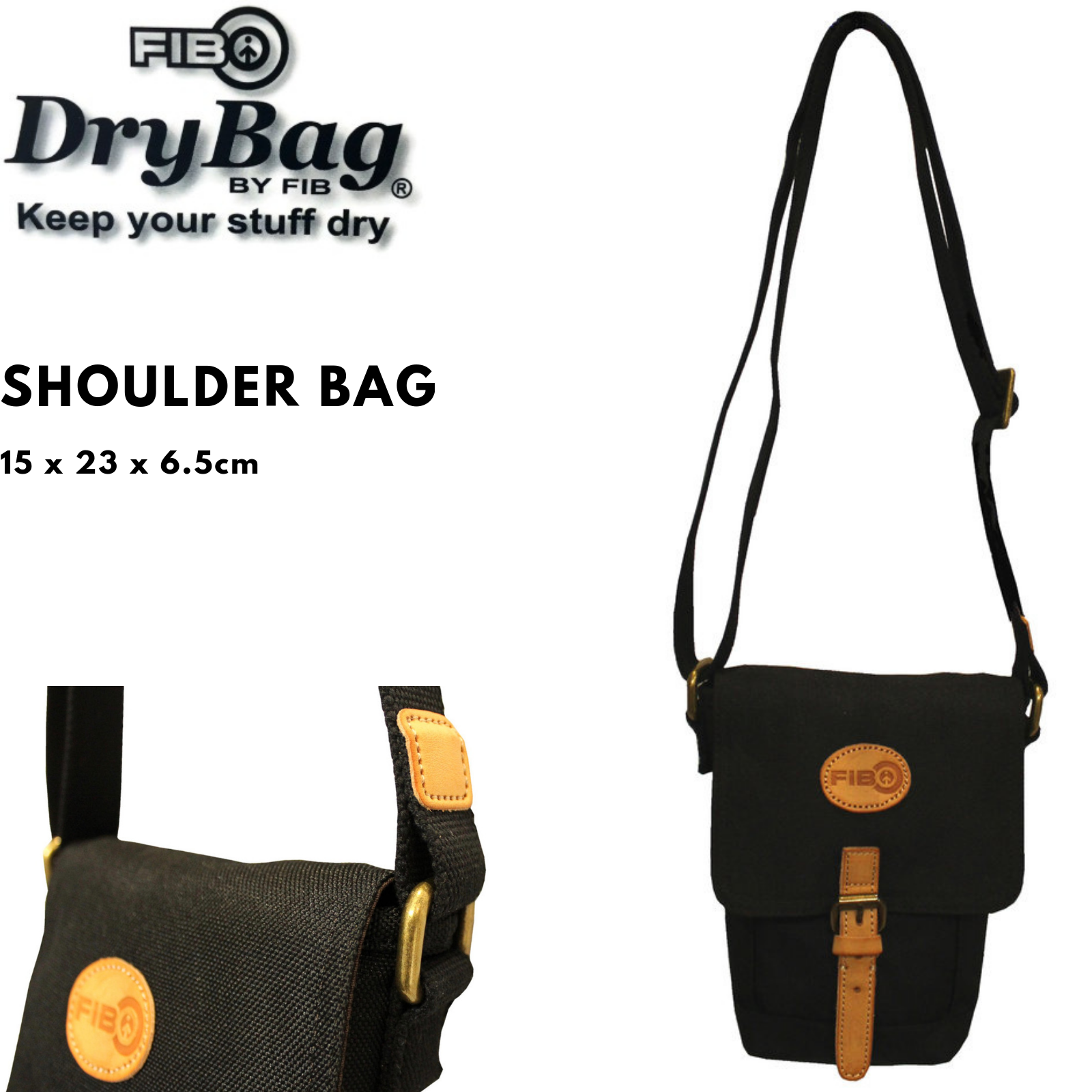 FIB Water Resistant Small Shoulder Canvas Bag w Adjustable Shoulder Strap - Black Secondary image