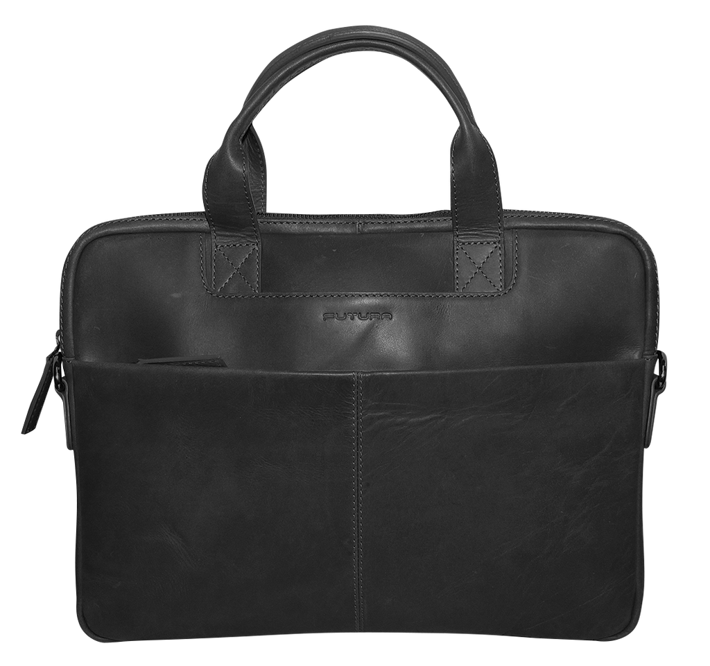 Futura Mens Slimline Leather Laptop Bag School Work Satchel Shoulder Strap - Black