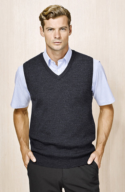 Mens Wool Blend V Neck Vest Sleeveless Double Knit  - Charcoal - X-Small