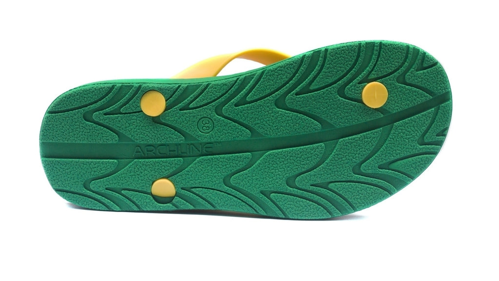 ARCHLINE Orthotic Thongs Arch Support Shoes Footwear Flip Flops Orthopedic - Green/Gold - EUR 35