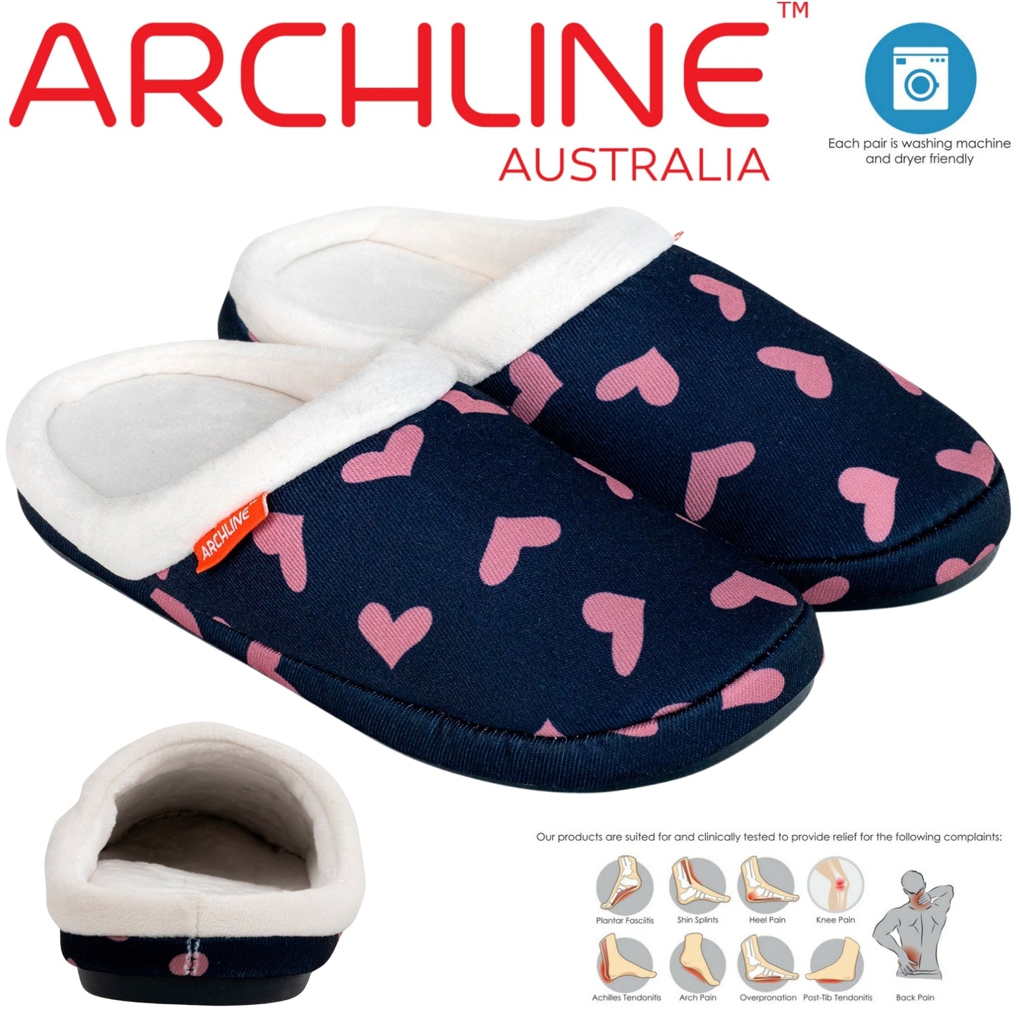 ARCHLINE Orthotic Slippers Slip On Scuffs Pain Relief Moccasins - Navy with Hearts - EUR 35 (Womens US 4)