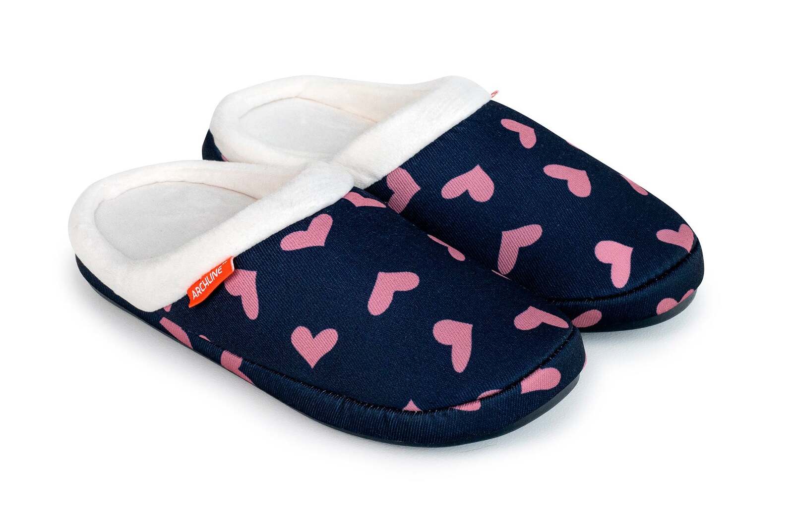 ARCHLINE Orthotic Slippers Slip On Scuffs Pain Relief Moccasins - Navy with Hearts - EUR 38 (Womens US 7)