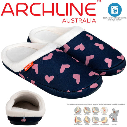 ARCHLINE Orthotic Slippers Slip On Scuffs Pain Relief Moccasins - Navy with Hearts - EUR 43 (Womens US 12)