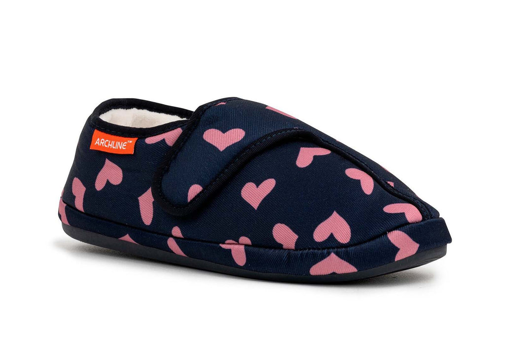 ARCHLINE Orthotic Plus Slippers Closed Scuffs Pain Relief Moccasins - Navy Hearts - EU 36