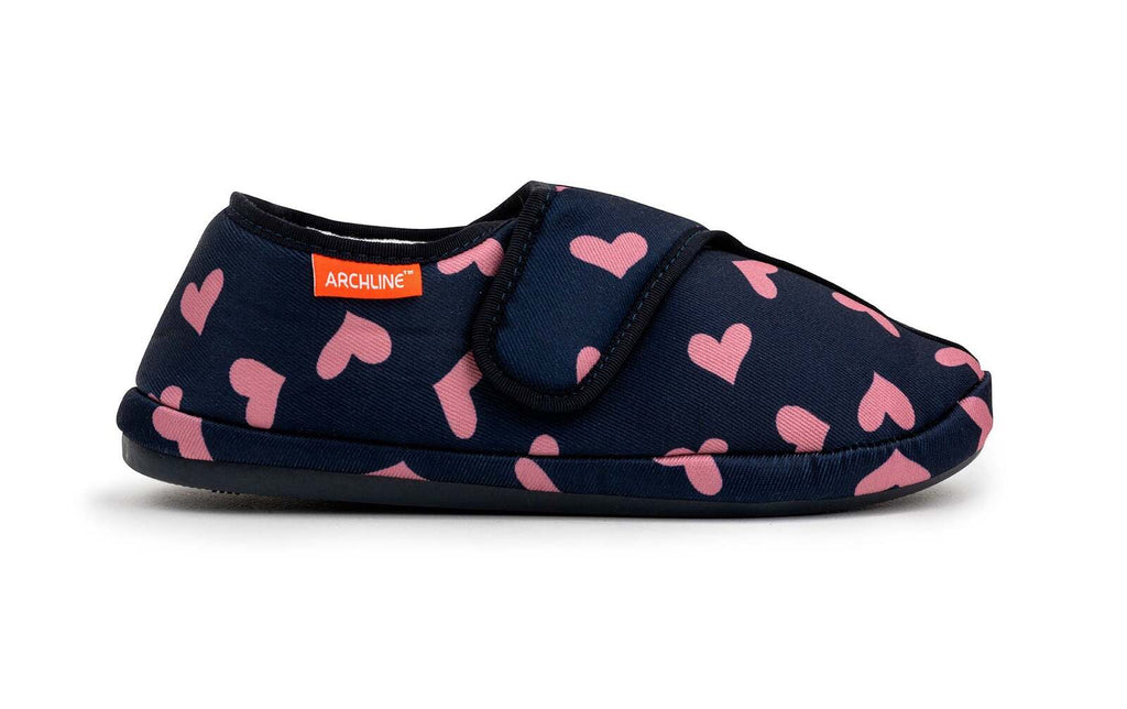 ARCHLINE Orthotic Plus Slippers Closed Scuffs Pain Relief Moccasins - Navy Hearts - EU 38
