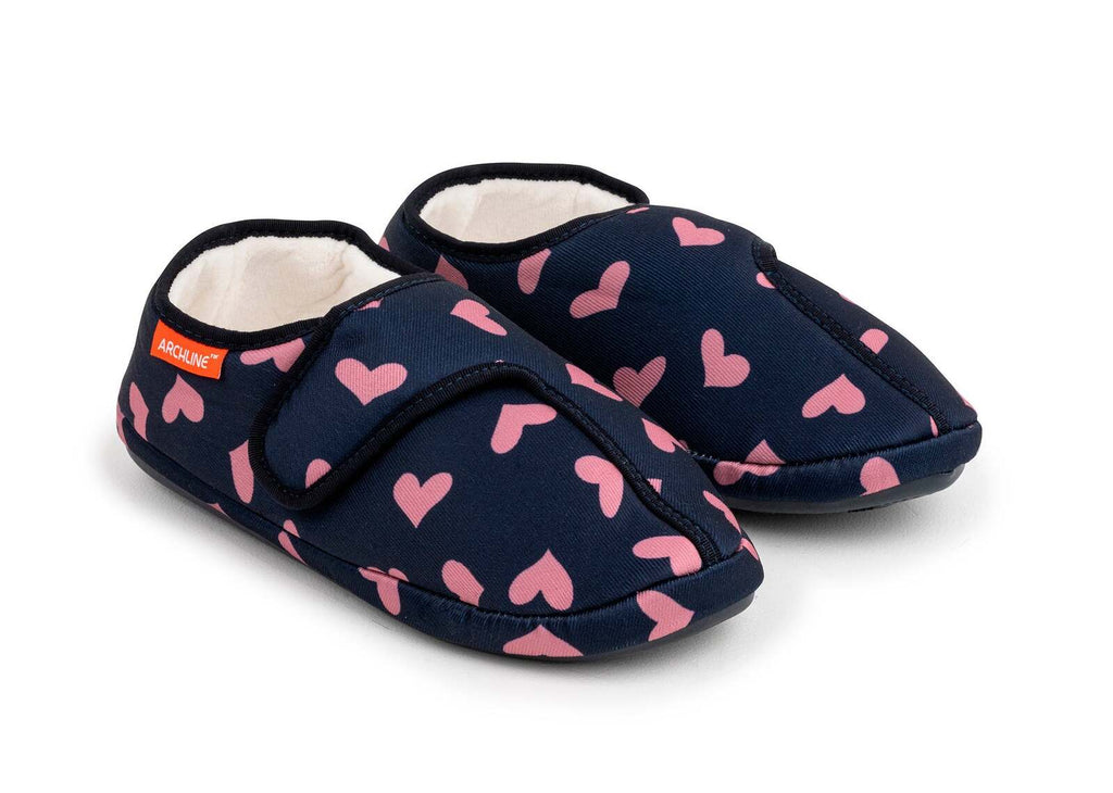 ARCHLINE Orthotic Plus Slippers Closed Scuffs Pain Relief Moccasins - Navy Hearts - EU 40