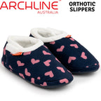 ARCHLINE Orthotic Slippers CLOSED Arch Scuffs Moccasins Pain Relief in Navy Hearts - EUR36