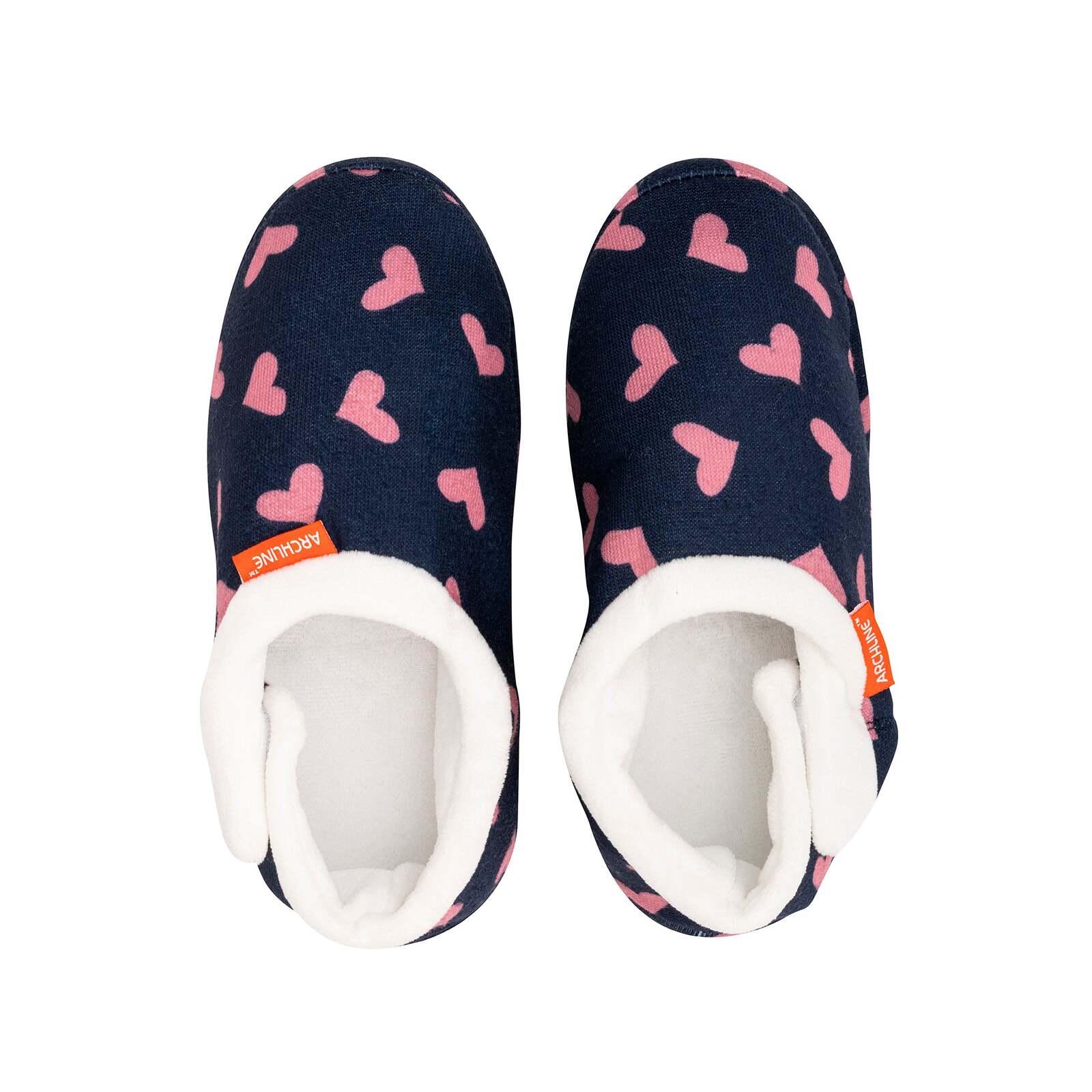 ARCHLINE Orthotic Slippers CLOSED Arch Scuffs Moccasins Pain Relief in Navy Hearts - EUR37