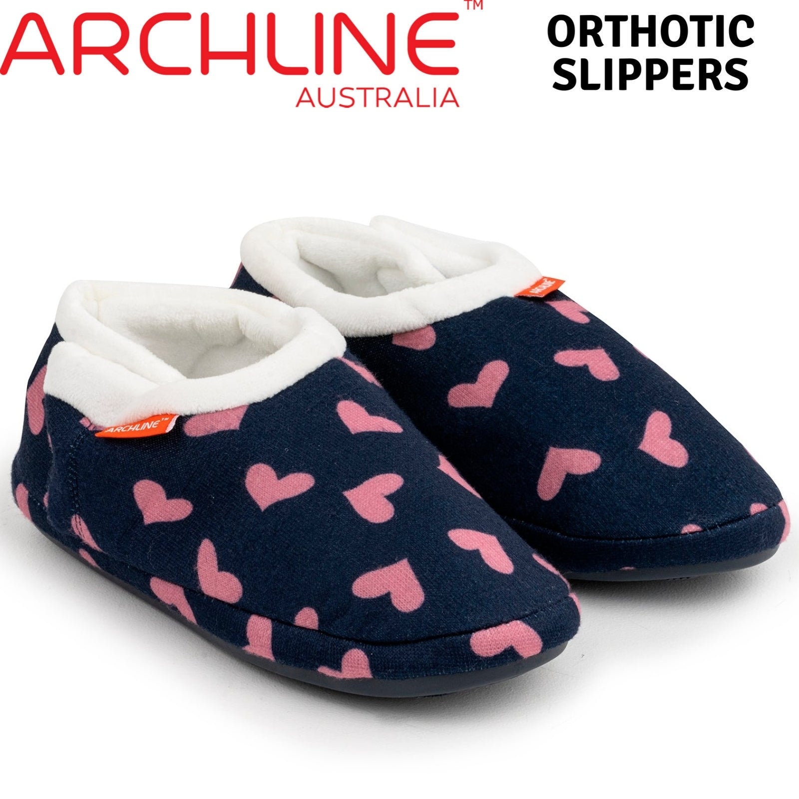 ARCHLINE Orthotic Slippers CLOSED Arch Scuffs Moccasins Pain Relief in Navy Hearts - EUR40