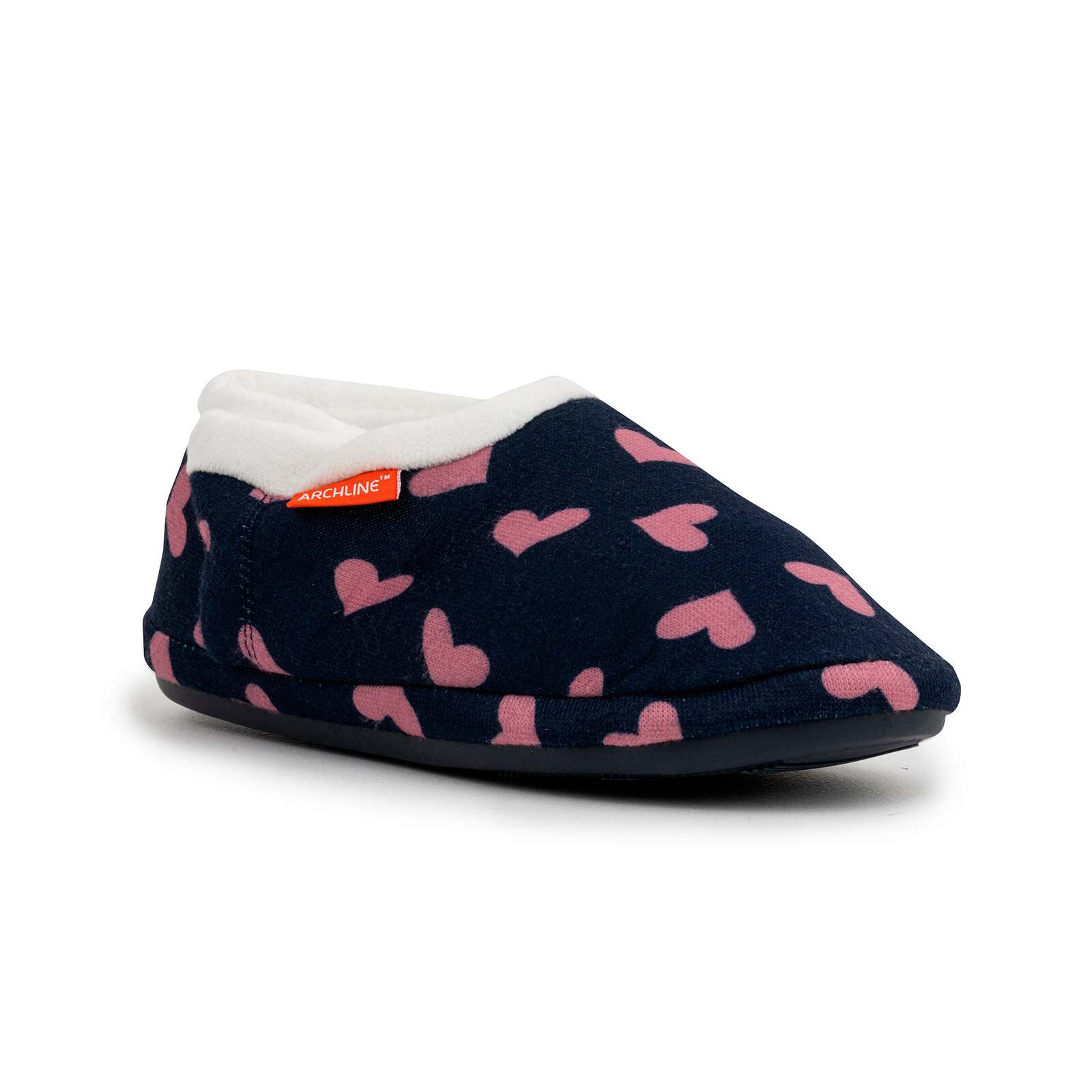 ARCHLINE Orthotic Slippers CLOSED Arch Scuffs Moccasins Pain Relief in Navy Hearts - EUR41