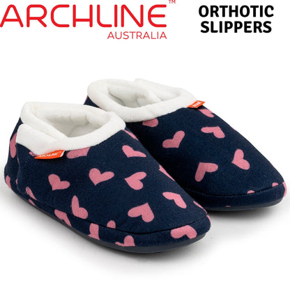 ARCHLINE Orthotic Slippers CLOSED Arch Scuffs Moccasins Pain Relief in Navy Hearts - EUR43