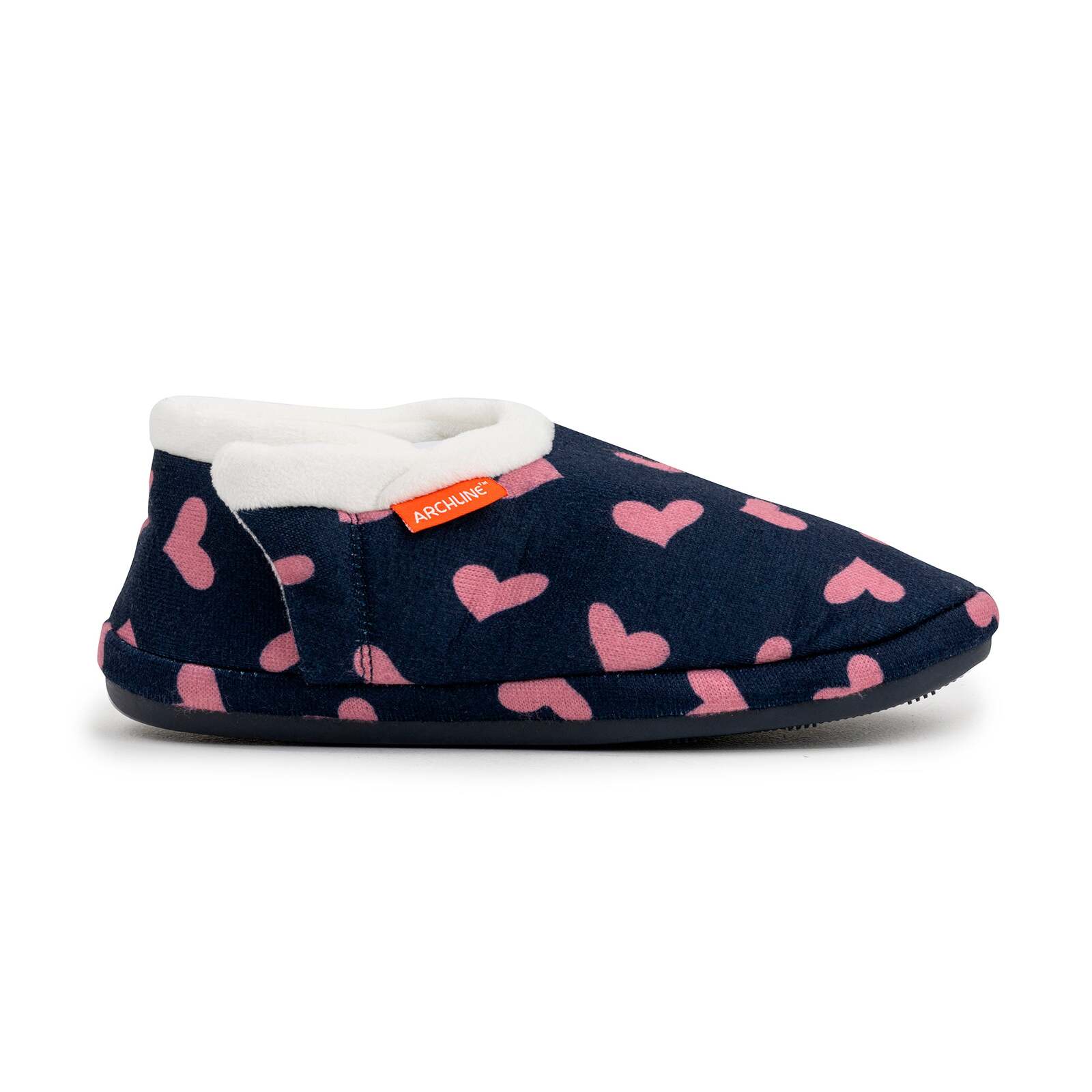 ARCHLINE Orthotic Slippers CLOSED Arch Scuffs Moccasins Pain Relief in Navy Hearts - EUR43