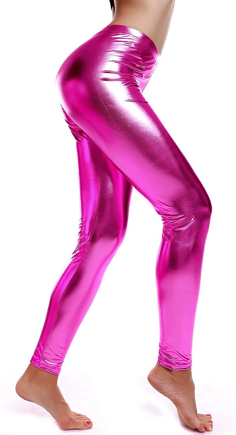 Metallic Leggings Stretchy Pants Neon Fluro Shiny Glossy Dress Up Dance Party - Hot Pink Main image