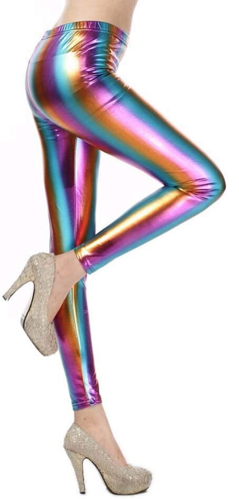 Metallic Leggings Stretchy Pants Neon Fluro Shiny Glossy Dress Up Dance Party - Rainbow Secondary image