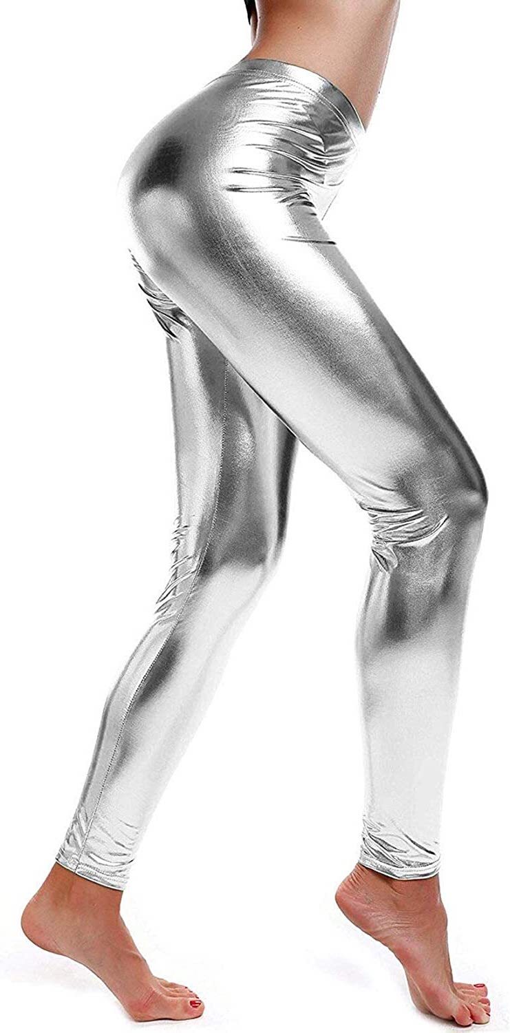 Metallic Leggings Stretchy Pants Neon Fluro Shiny Glossy Dress Up Dance Party - Silver Main image