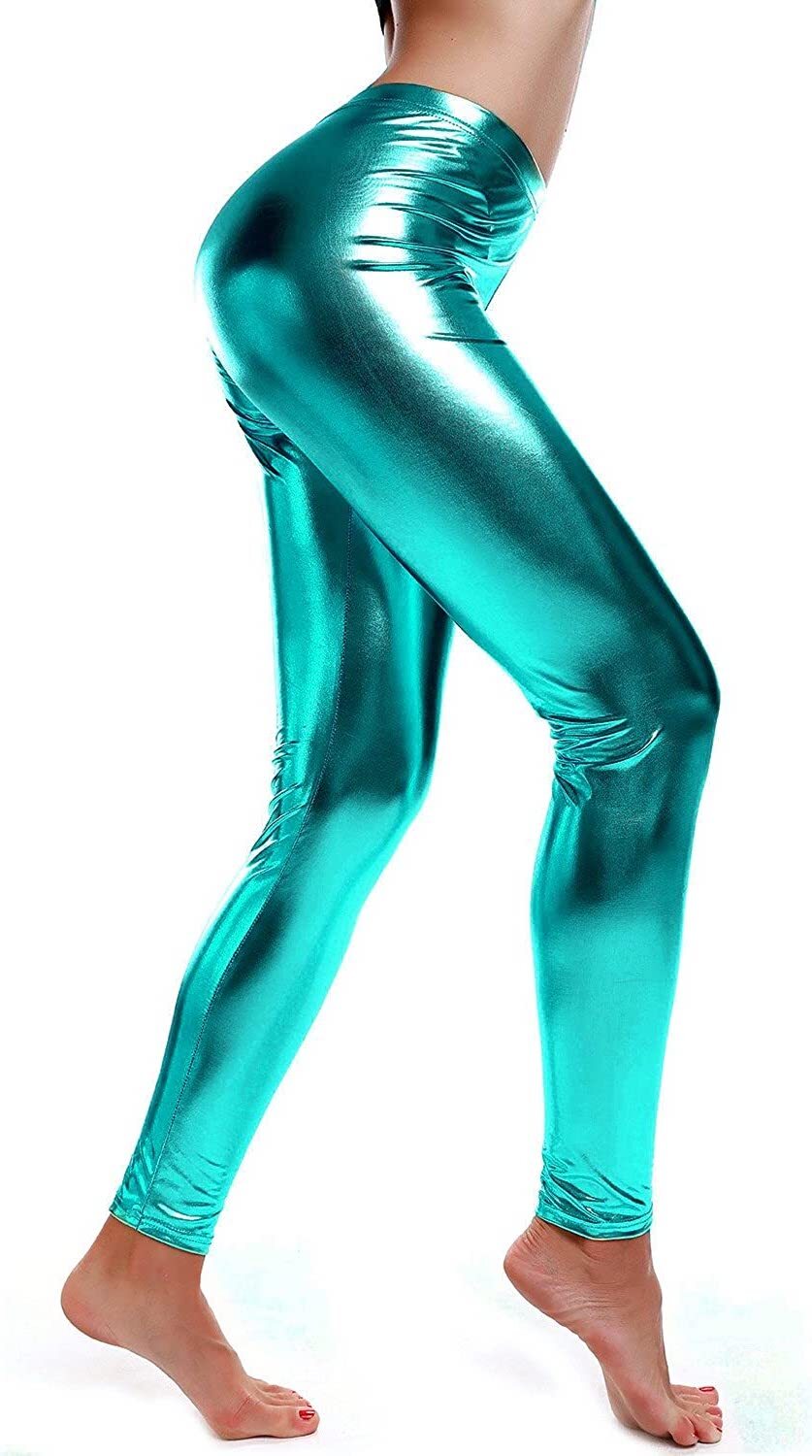 DELUXE METALLIC LEGGINGS Shiny Neon Stretch Dance Costume Fancy Dress Party - Blue Secondary image
