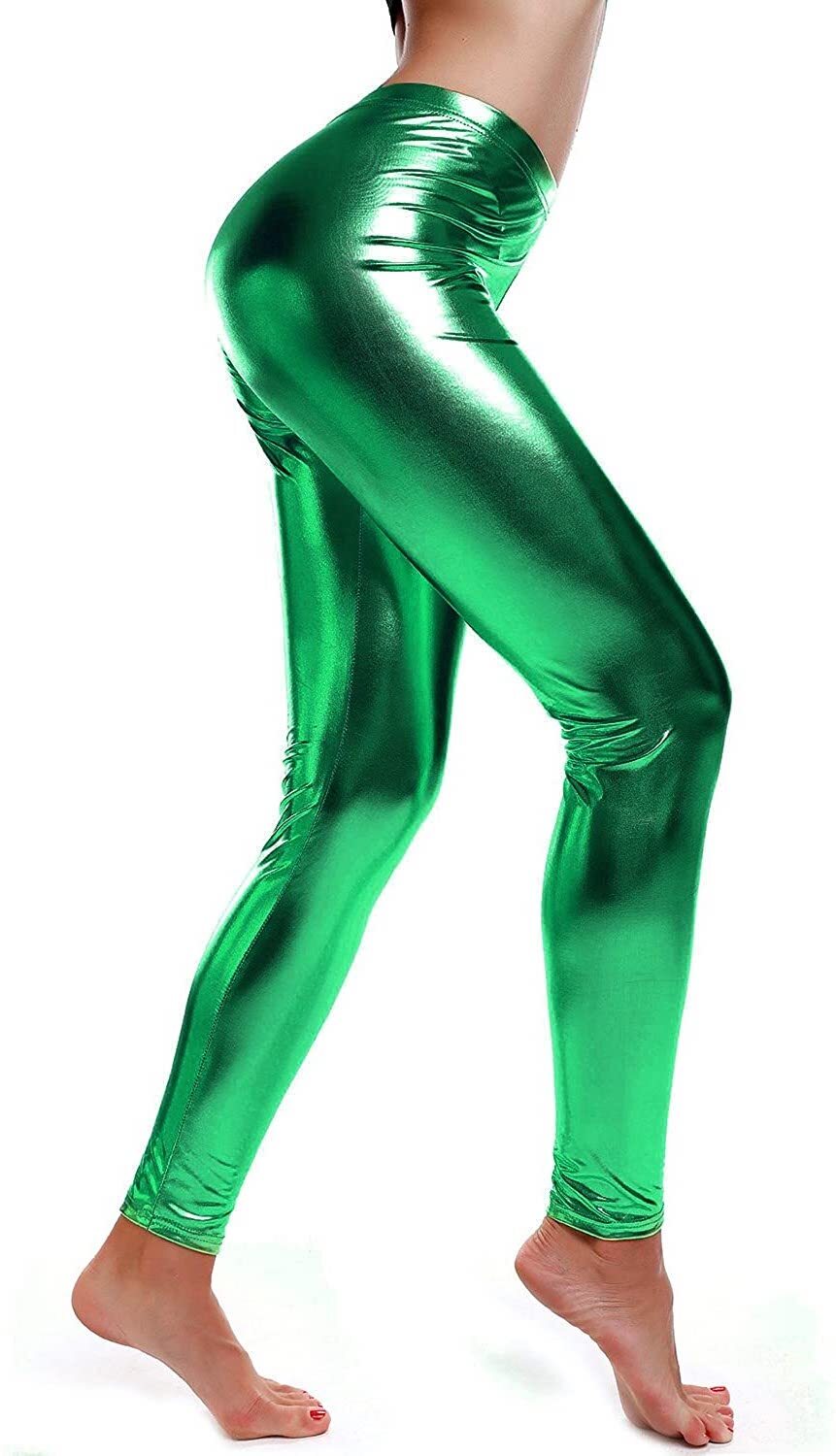 DELUXE METALLIC LEGGINGS Shiny Neon Stretch Dance Costume Fancy Dress Party - Green Secondary image