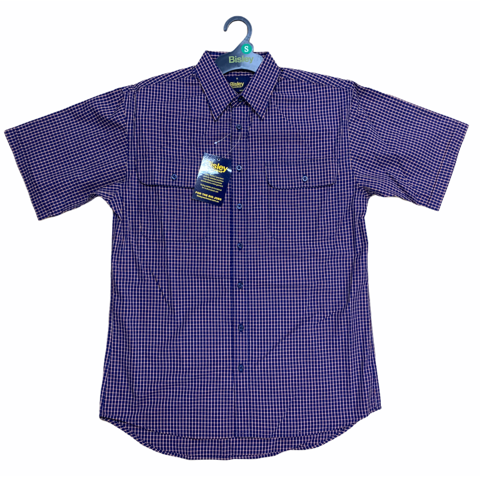 Bisley Mens Short Sleeve Check Shirt Checkered Cotton Blend Casual Business Work - Navy - S Main image