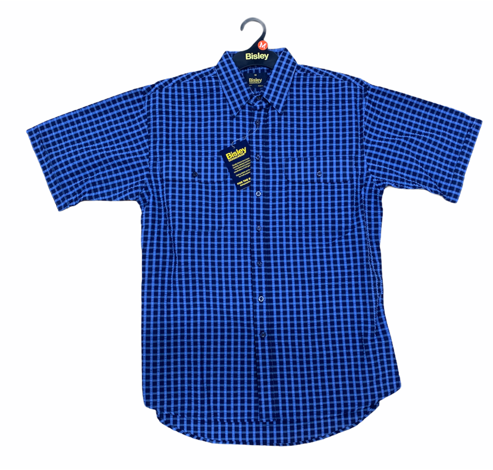 Bisley Mens Short Sleeve Seersucker Shirt Checkered Cotton Blend Casual Business Work - Blue - M Secondary image