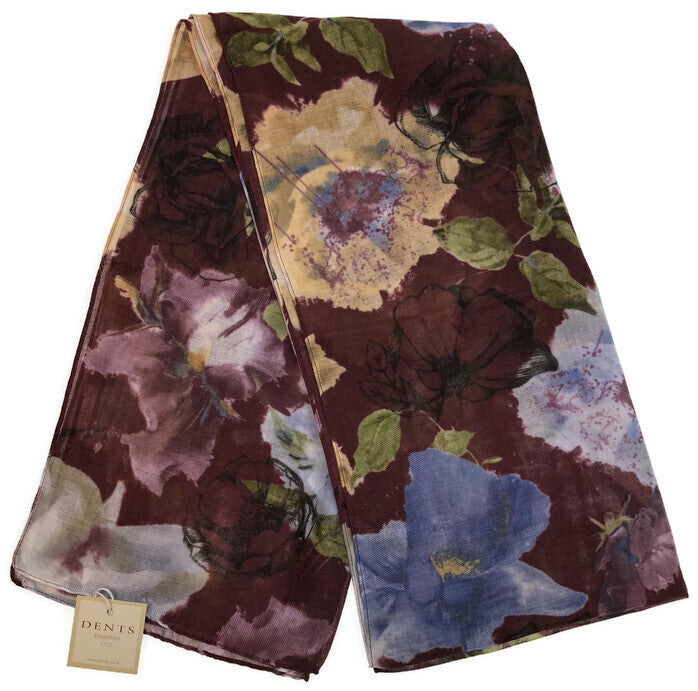 DENTS Bright Floral Printed Scarf Unlined Ladies Womens MADE IN ITALY New - Claret Main image