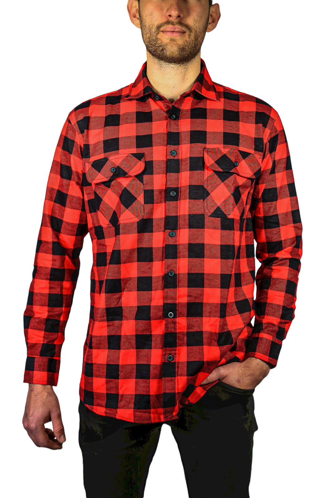 Mens 100% Cotton Flannelette Shirt Long Sleeve Check Authentic Flannel - Red/Black - XXL Main image