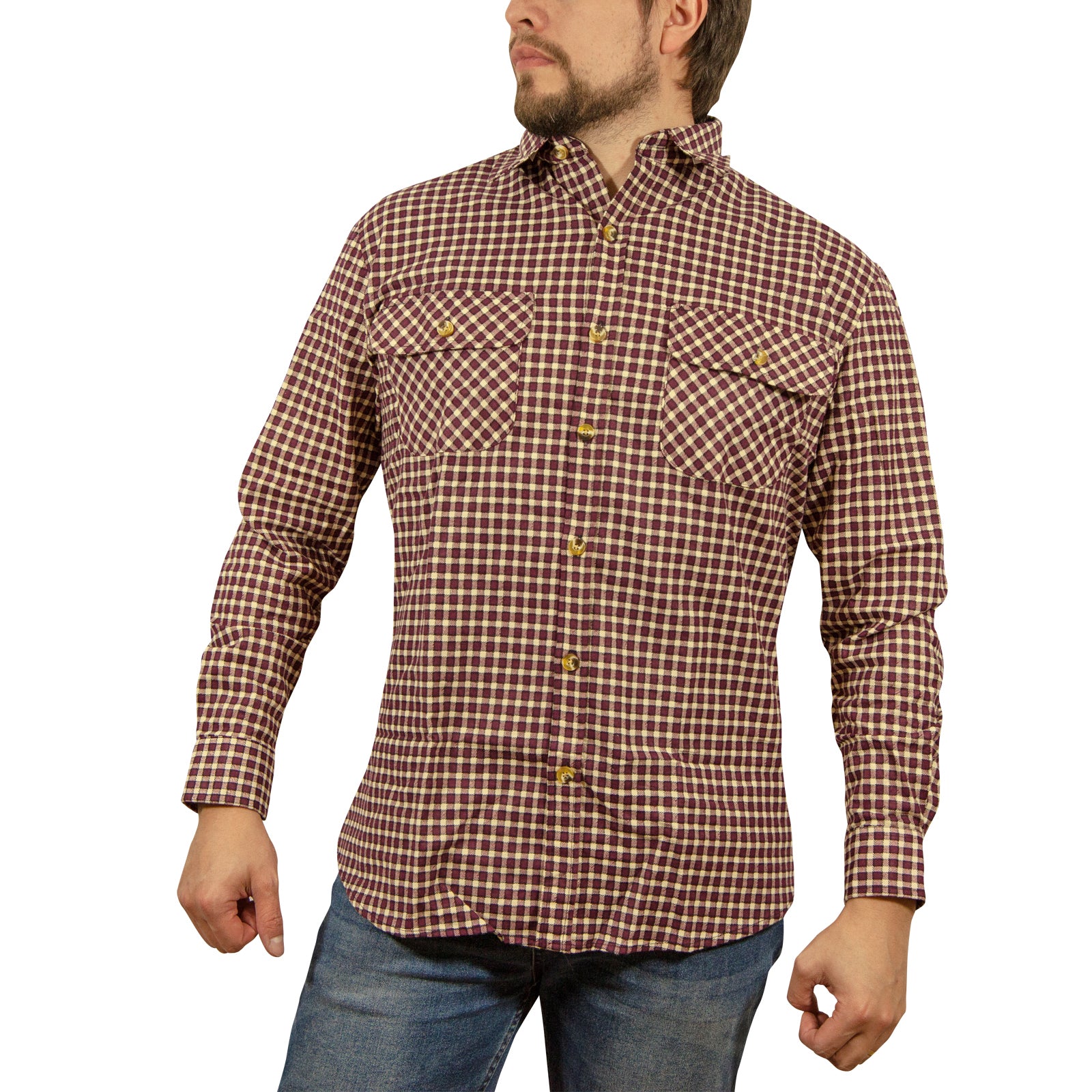 Mens Long Sleeve Flannelette Shirt 100% Cotton Flannel - Burgundy Check - S Secondary image