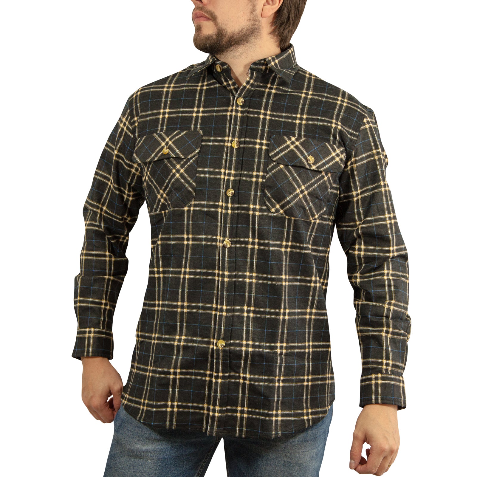 Mens Long Sleeve Flannelette Shirt 100% Cotton Flannel - Black Check - S Main image