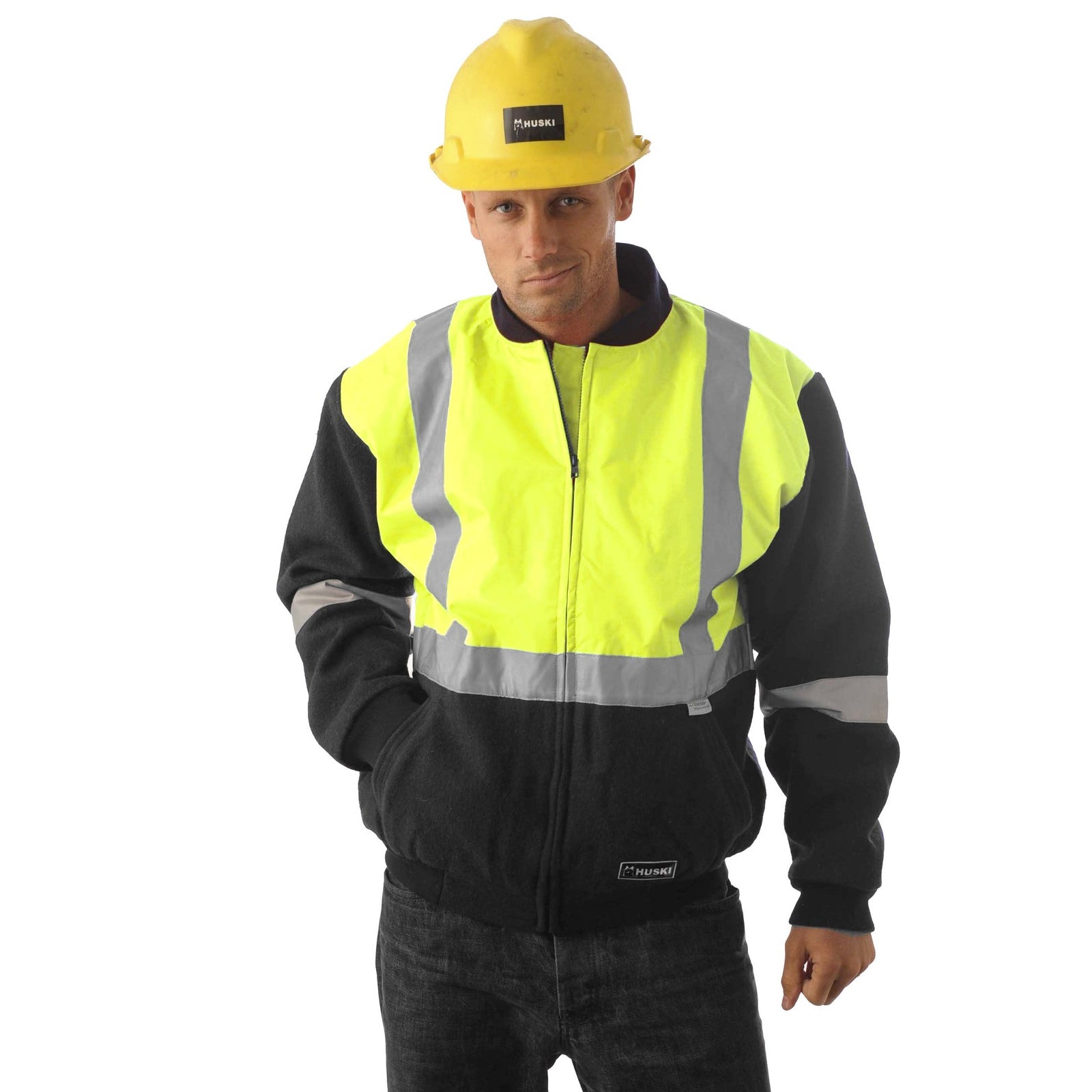 HUSKI Site Mens Hi Vis Wool Blend Bomber Jacket 3M Reflective Tape High Visibility - Yellow/Navy - 4XL Main image