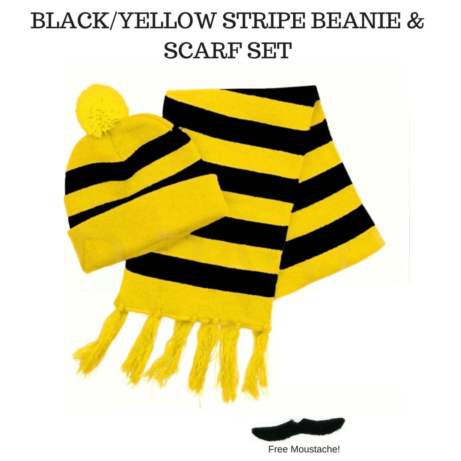 Tigers Beanie Hat & Scarf Set Party Costume w Moustache Warm Winter - Black/Yellow Stripe Secondary image