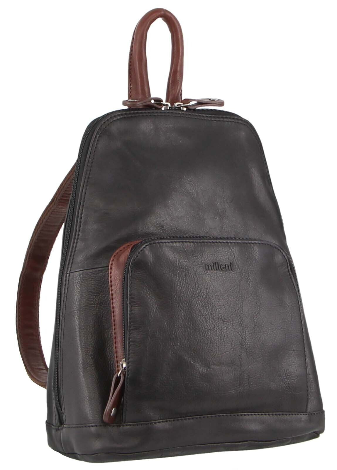 Milleni Womens Bag Italian Leather Soft Nappa Leather Backpack Travel - Black/Chestnut Secondary image