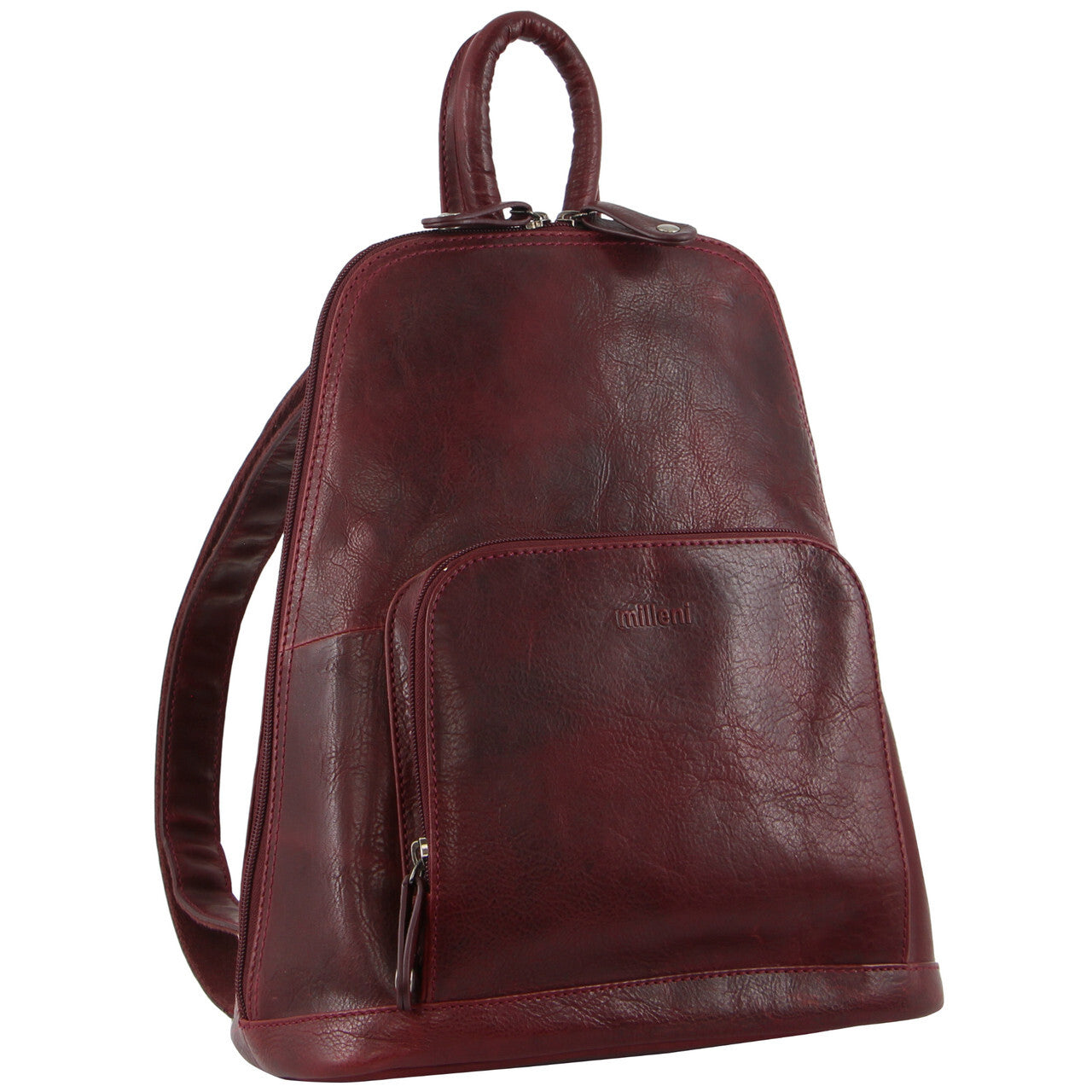 Milleni Womens Twin Zip Backpack Nappa Italian Leather Bag Travel - Cherry Main image