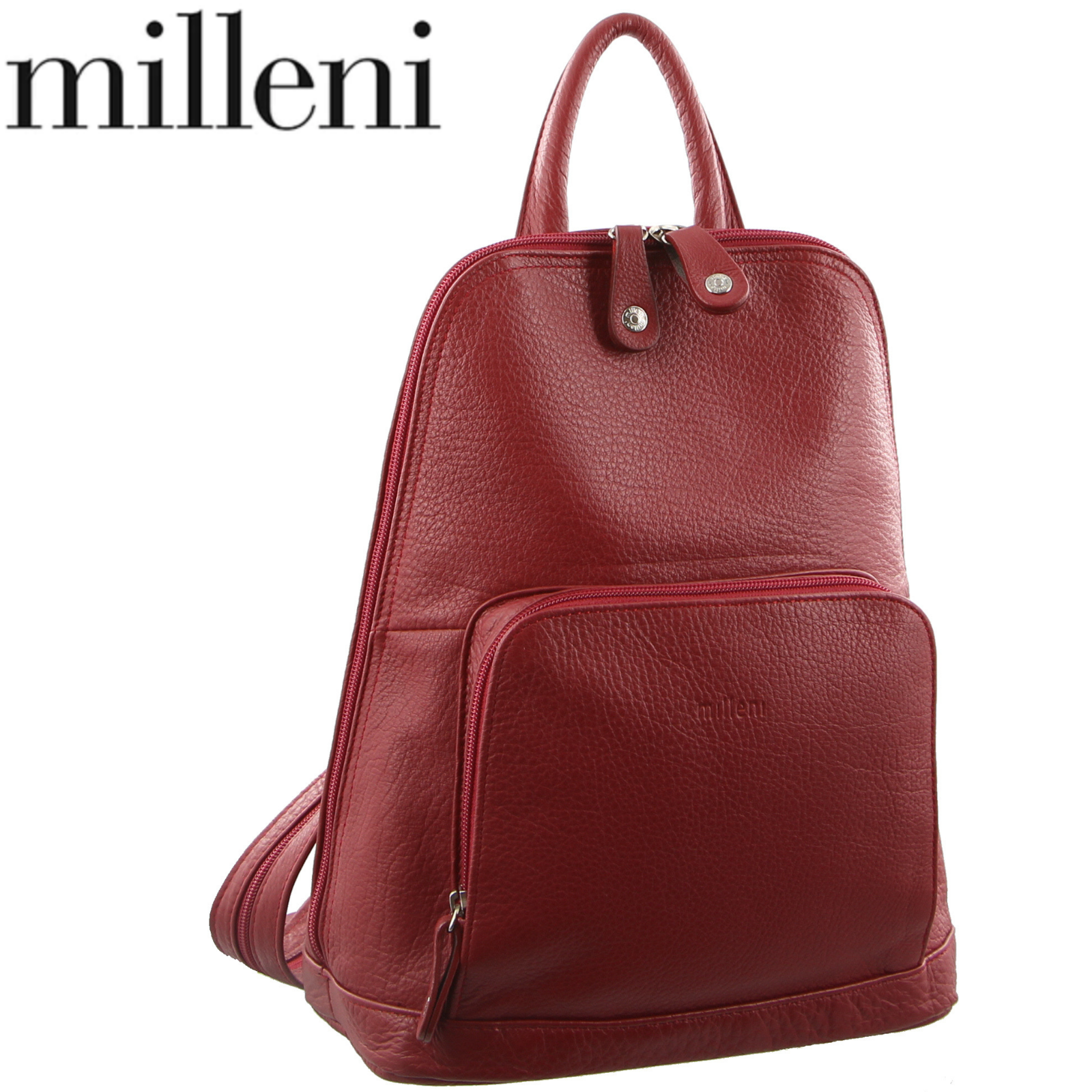 Milleni Womens Twin Zip Backpack Nappa Italian Leather Bag Travel - Red Secondary image