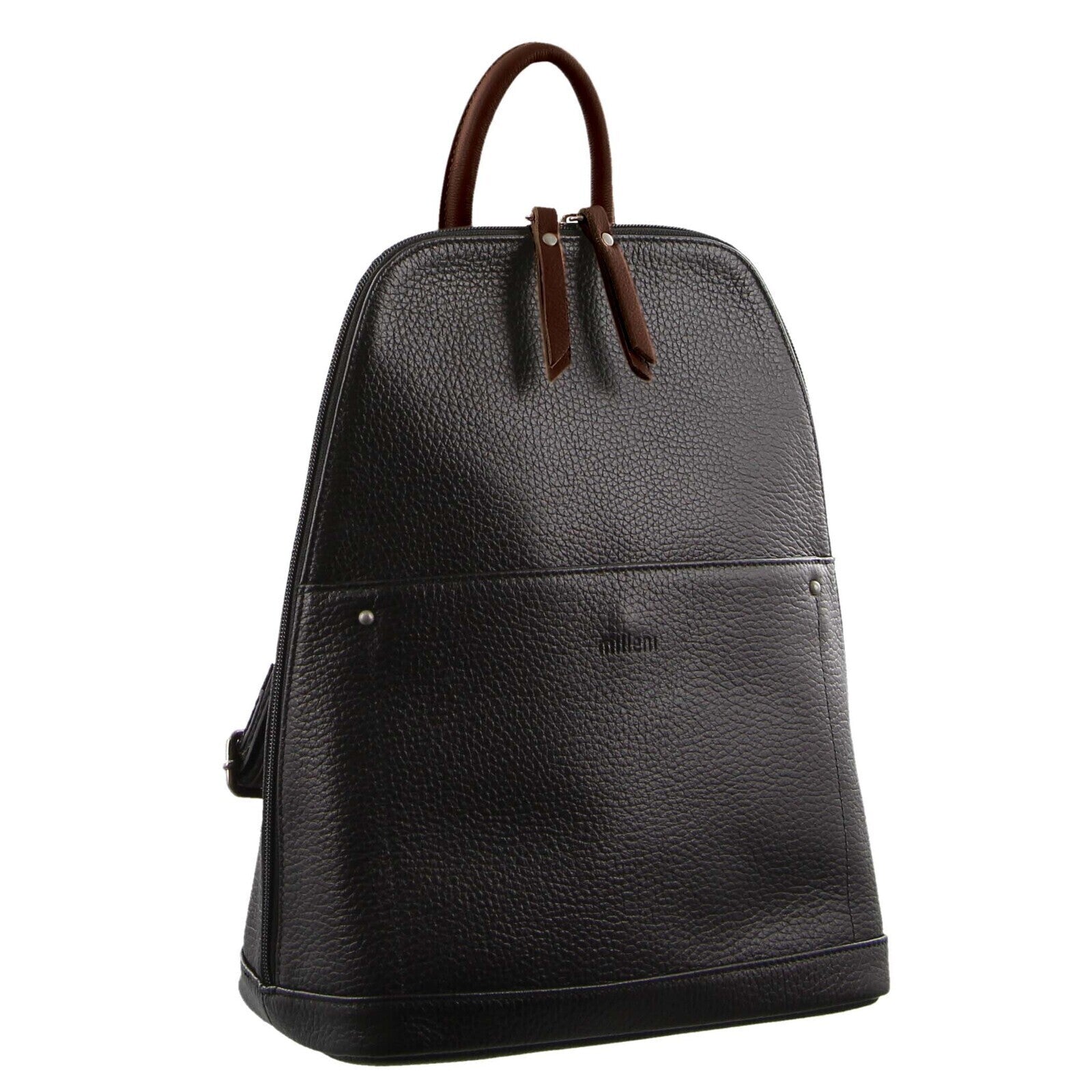 Milleni Ladies Genuine Italian Leather Backpack Bag Twin Zip - Black/Chestnut Secondary image