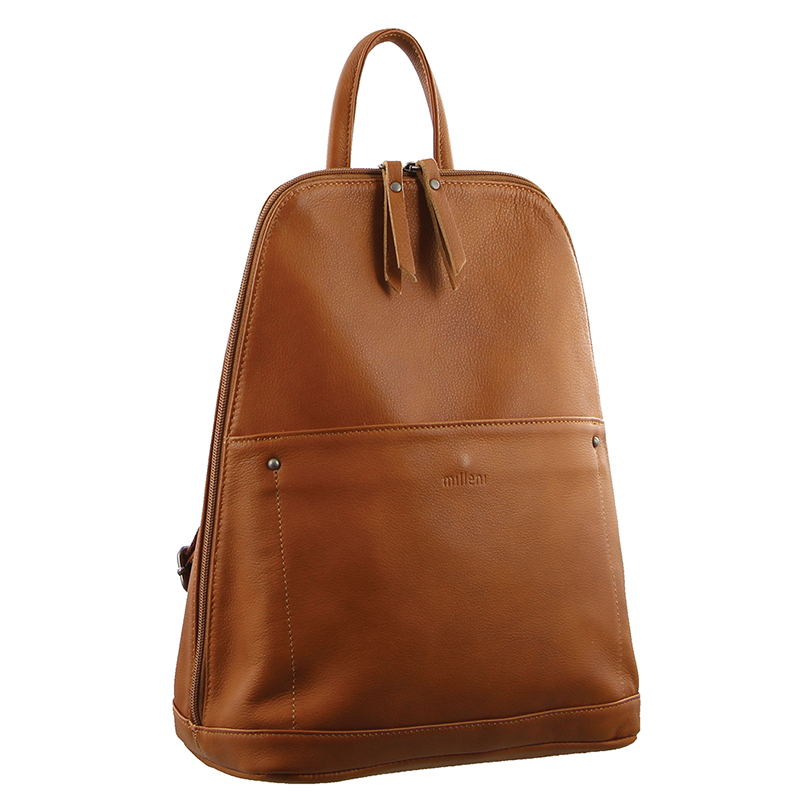 Milleni Ladies Genuine Italian Leather Backpack Bag Twin Zip - Cognac Main image