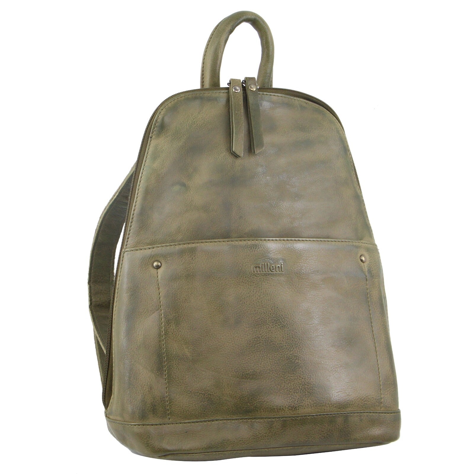 Milleni Ladies Genuine Italian Leather Backpack Bag Twin Zip - Olive Main image