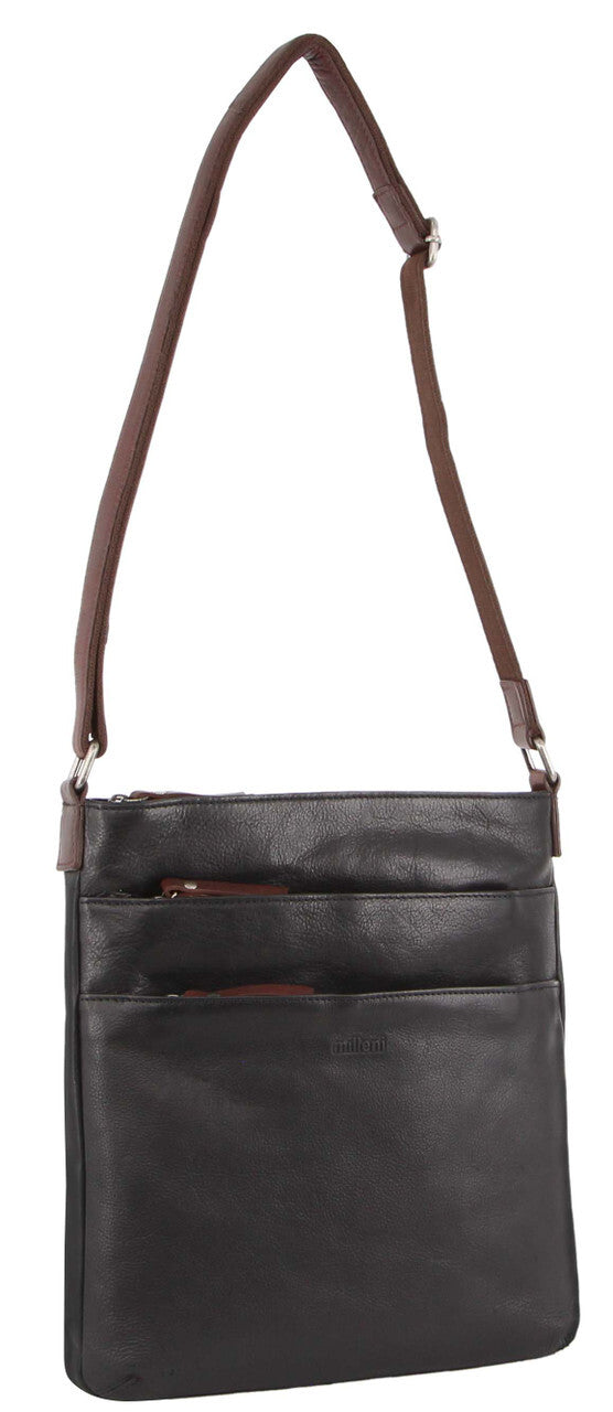 Milleni Womens Italian Leather Bag Soft Nappa Leather Cross-Body Travel - Black/Chestnut Main image